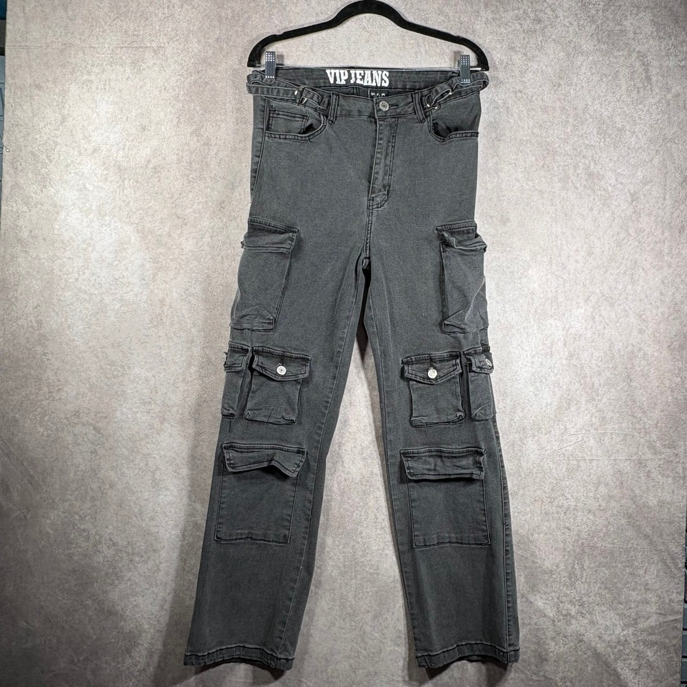 VIP Jeans Womens Size 13/31 Black Washed Cargo Pockets Straight Skater‎ Grunge